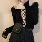 Set: Mock-neck Tank Top + Long-sleeve Lace-up Top Set Of 2 - Tank Top & Top - White & Black - One Size