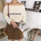 Off-shoulder Lettering 3/4-sleeve T-shirt