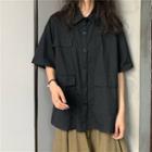 Short-sleeve Plain Cargo Shirt / High-waist Plain Skirt