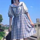 Mock Two-piece Sailor Collar Elbow-sleeve Plaid A-line Dress As Shown In Figure - One Size