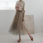 Color-block Long Tulle Pleated Skirt Light Brown - One Size