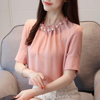 Faux-pearl Detail Short-sleeve Chiffon Top