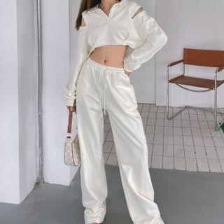 Set: Cold-shoulder Crop Hoodie + Sweatpants