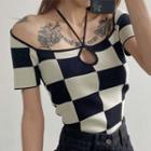 Short-sleeve Off-shoulder Checkerboard Knit Top