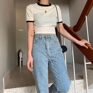 Short-sleeve Contrast Trim Open Back Top