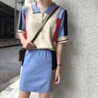 Set: Color Block Short-sleeve Collared Knit Top + Knit Skirt Set Of 2 - Blue - One Size