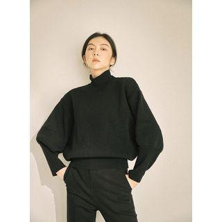 Mock-neck Dolman-sleeve Knit Top Black - One Size