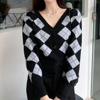 Argyle Cropped Cardigan Gray & Black - One Size