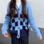 Color Block Plaid Long-sleeve Cardigan As Shown In Figure - One Size