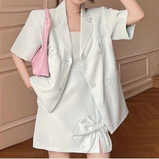 Elbow-sleeve Single-breasted Blazer / Spaghetti Strap Bow Mini Dress