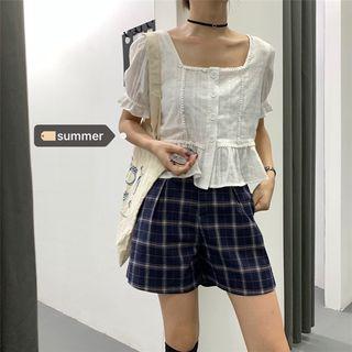 Crochet Trim Square-collar Ruffle Top / Plaid Wide-leg Shorts