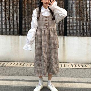 Long-sleeve Blouse / Plaid Midi A-line Pinafore Dress