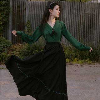Set: Long-sleeve Collared Top + Midi A-line Skirt
