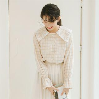 Bell-sleeve Plaid Blouse As Shown In Figure - One Size