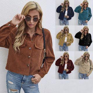 Corduroy Long-sleeve Plain Cropped Shirt Jacket