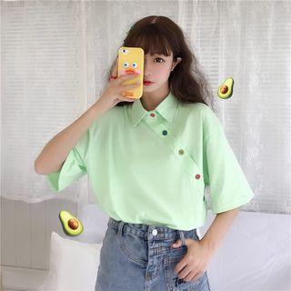 Button Detail Elbow-sleeve Polo Shirt