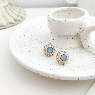 Faux Pearl & Bead Earring 1 Pair - 925 Silver - Gold & Grayish Blue - One Size