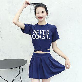 Set: Lettering Short-sleeve Tankini Top + Swim Skirt