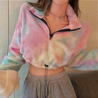Cropped Half-zip Tie-dye Sweatshirt Pink & Blue & White - One Size