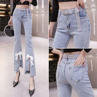 Bow Beaded Slit Cropped Boot-cut Jeans
