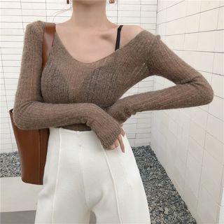 Long-sleeve Sheer Knit Top As Shown In Figure - One Size