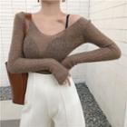 Long-sleeve Sheer Knit Top As Shown In Figure - One Size