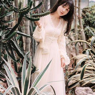 Set: Long-sleeve A-line Maxi Mesh Dress + Open-front Jacket + Camisole Top