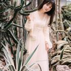 Set: Long-sleeve A-line Maxi Mesh Dress + Open-front Jacket + Camisole Top