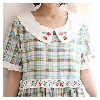 Embroidered-collar Plaid Empire Dress