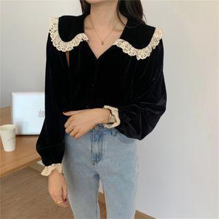 Collared Lace Trim Velvet Blouse Black - One Size