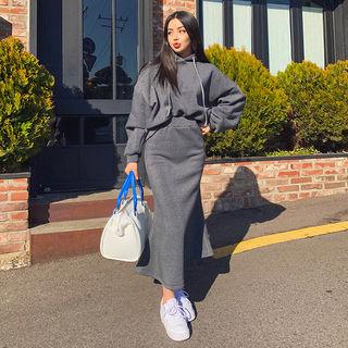 Set: Fleece-lined Oversized Hoodie + Long Flare Skirt