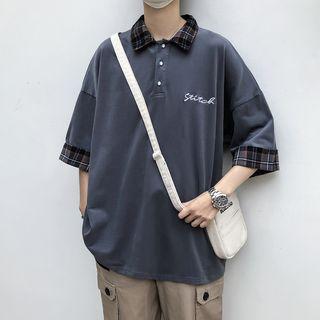 Mock Two-piece Plaid Panel Elbow-sleeve Polo Shirt