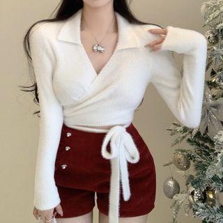Collared Crop Wrap Knit Top / High Waist Shorts