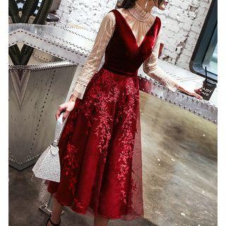 Set: Stand Collar Long-sleeve Lace Top + Sleeveless Midi A-line Cocktail Dress
