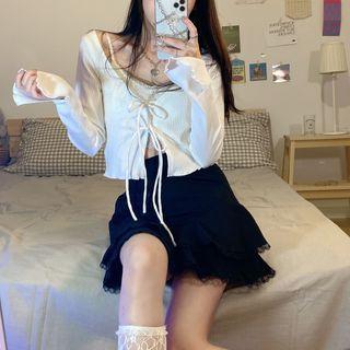 Lace-up Cardigan + Lace Camisole Top + Lace Mini Skirt
