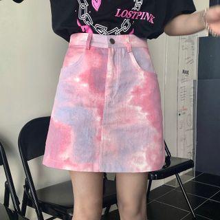 Tie-dyed Denim Mini Fitted Skirt