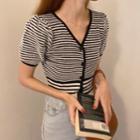 Short-sleeve V-neck Striped Cardigan As Shown In Figure - One Size