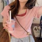 Short Sleeve Square Neck Mock Two Piece Crop T-shirt