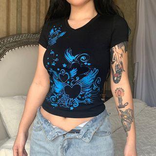 Short Sleeve V-neck Heart Print Crop Top