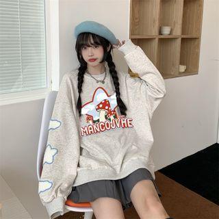 Mushroom Print Sweatshirt Melange Gray - One Size