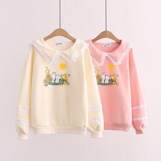 Lace Trim Rabbit Print Sweatshirt