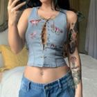 Butterfly Embroidered Lace-up Crop Denim Vest