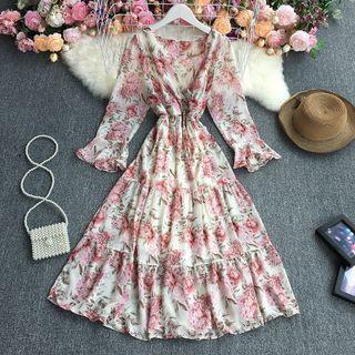 Flare-sleeve Floral A-line Dress