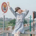 Printed Mock Two-piece Fleece-lined Hooded Dress