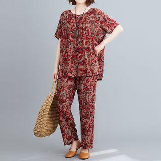 Set: Short-sleeve Leaf Print Linen Blend Top + Cropped Straight-fit Pants