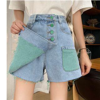 Asymmetric Paneled Frayed Hem A-line Mini Denim Skorts