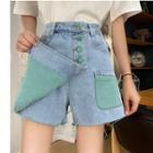 Asymmetric Paneled Frayed Hem A-line Mini Denim Skorts