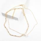 Set: Faux Pearl Necklace + Chain Necklace Set Of 2 - Gold - One Size