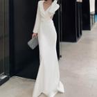V-neck Long-sleeve Open Back A-line Evening Gown