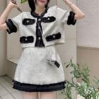 Short-sleeve Contrast Trim Cardigan / High-waist Contrast Trim A-line Mini Skirt